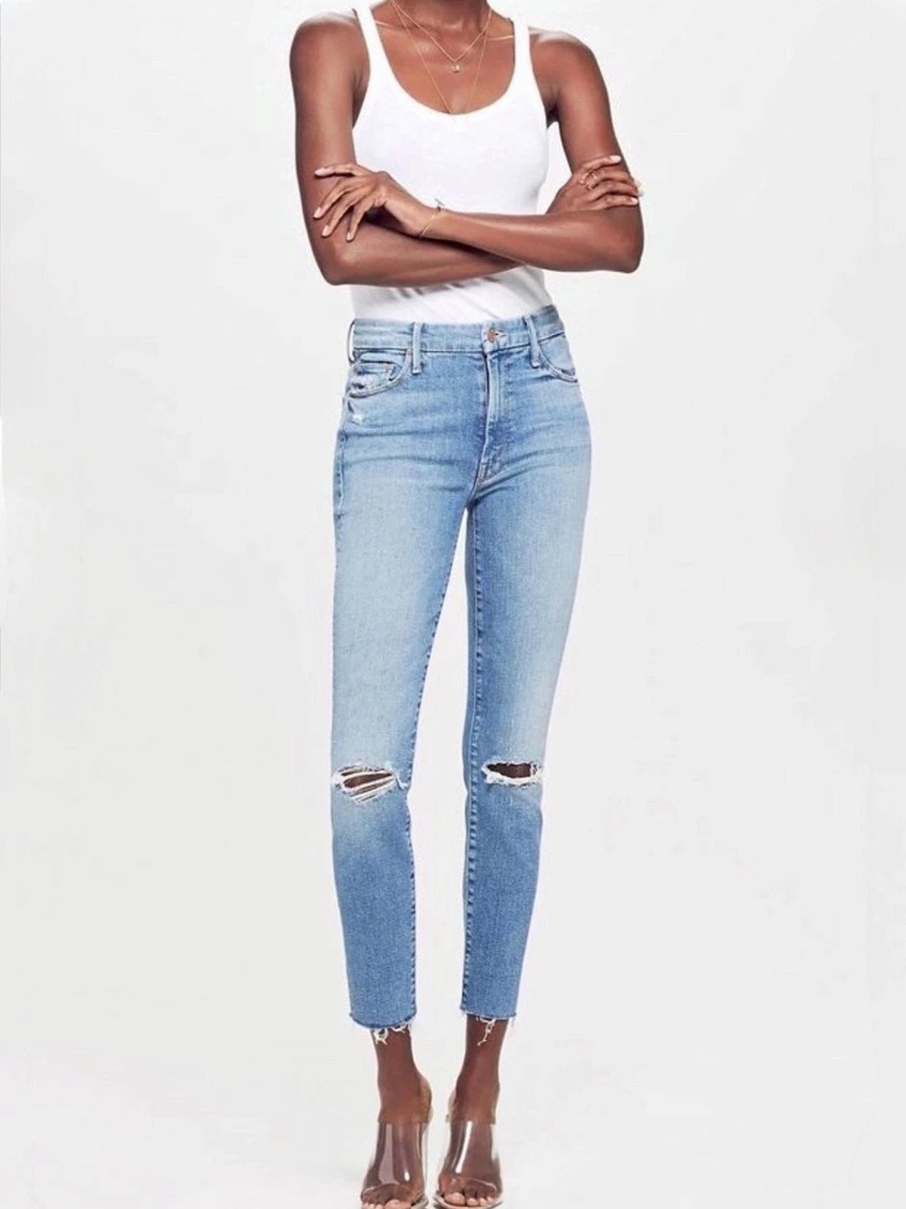 MOTHER High Waisted Looker Ankle Fray - Shoot to Thrill Destroyed Wash